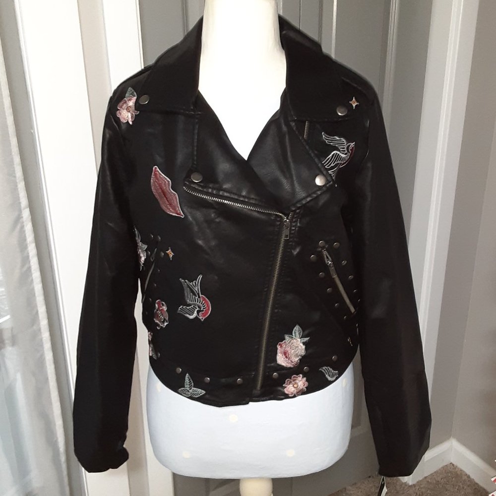 Women's Black MOTO Jacket with embroidery Size M $109.00.
